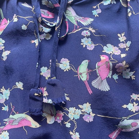 Rebecca Taylor Silk Birds Floral Canary Relaxed Tassels Top Blouse Tunic 6 M - Picture 9 of 11